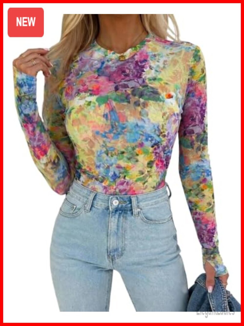 Mesh Long Sleeve Top Sheer Thumbholes Fitted Blouse Going Out